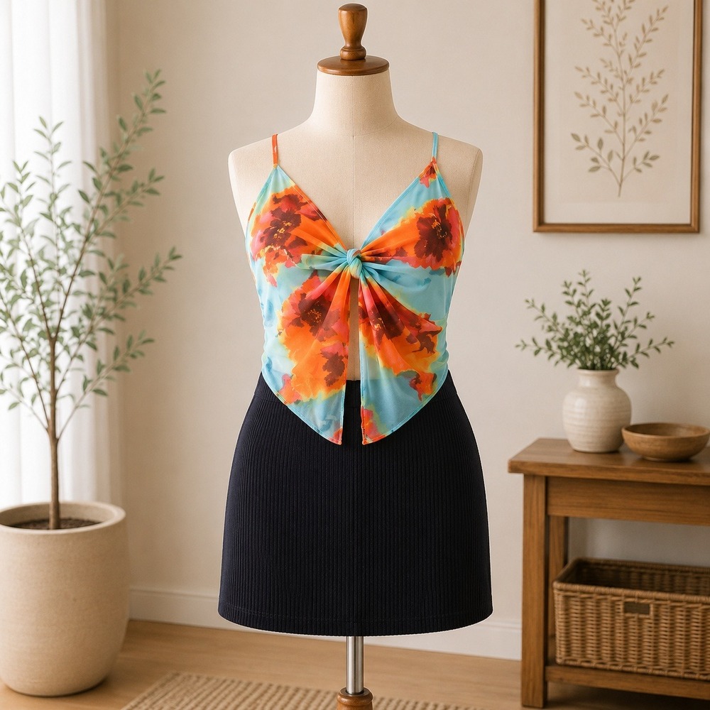 SHEIN 2 Piece Set Womens XL/M Blue Orange Floral Mesh Cami & Ribbed Mini Skirt